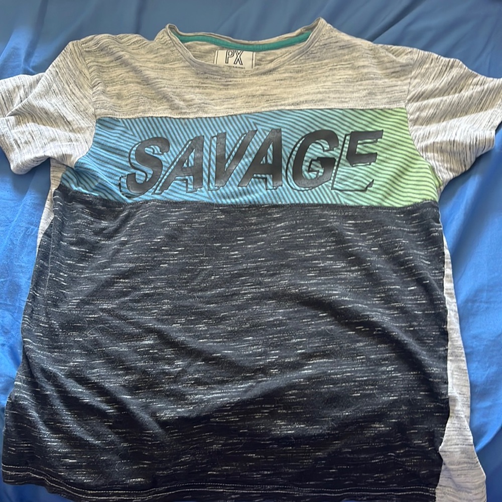 PX clothing size L savage wording silver and black t shirt
